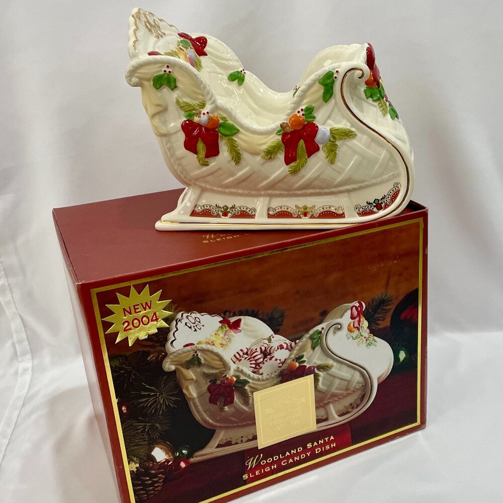 Lenox Holidays Ceramic Ornate Woodland Santa Sleigh Candy Dish 2004 Original Box